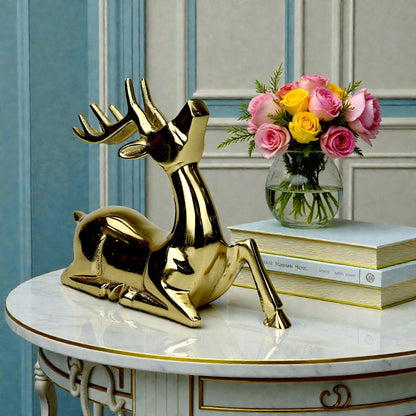 Golden Aluminum Handcrafted Sitting Deer – Elegant Christmas & Holiday Decor | Hind Decor