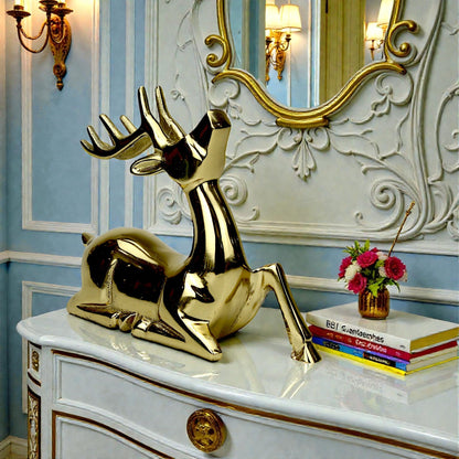 Golden Aluminum Handcrafted Sitting Deer – Elegant Christmas & Holiday Decor | Hind Decor