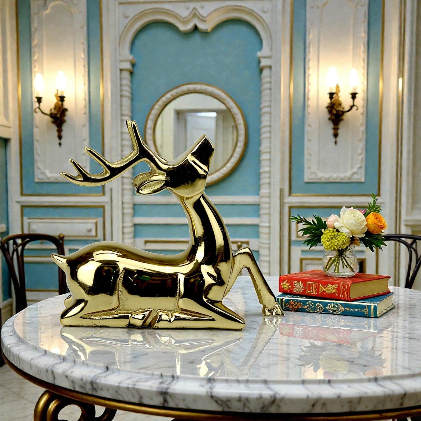 Golden Aluminum Handcrafted Sitting Deer – Elegant Christmas & Holiday Decor | Hind Decor
