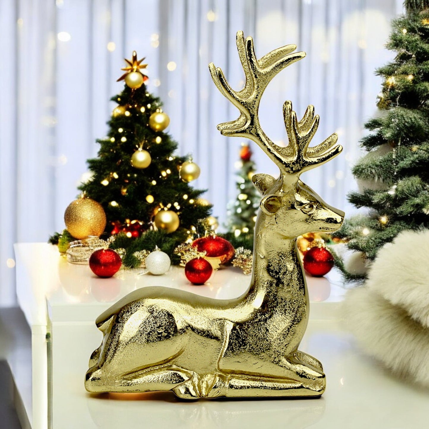 Golden Aluminum Handcrafted Sitting Deer – Elegant Christmas & Holiday Decor | Hind Decor