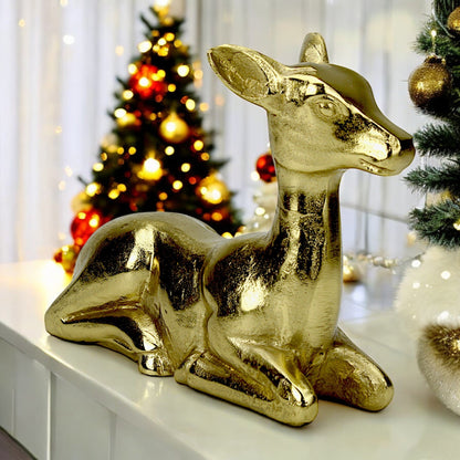 Golden Aluminum Handcrafted Sitting Deer – Elegant Christmas & Holiday Decor | Hind Decor