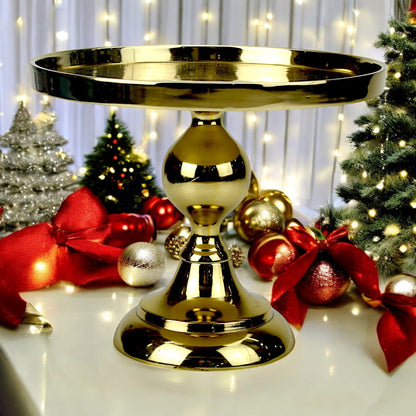 Handcrafted Golden Aluminium Cake Stand | 26 cm Round Decorative Pedestal Platter