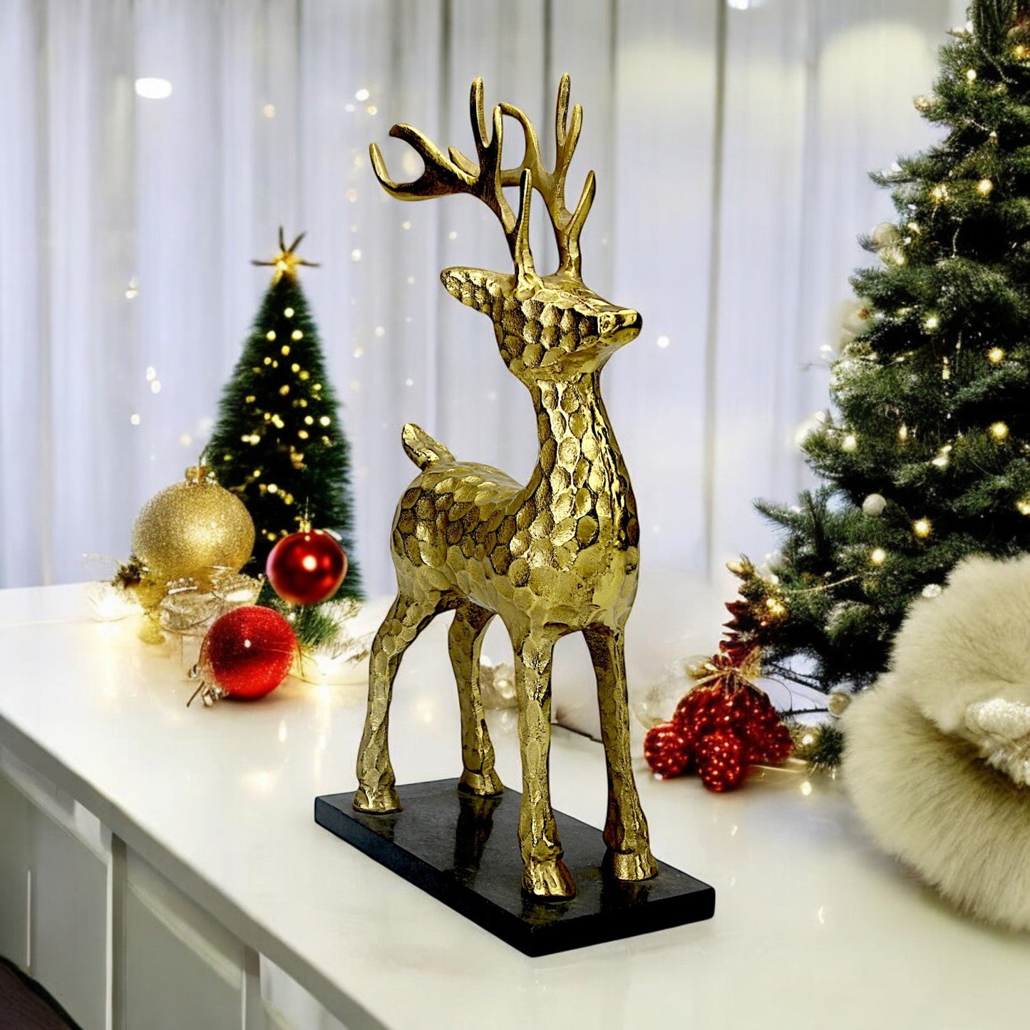 Golden Handcrafted Aluminum Christmas Deer with Base – Elegant Holiday Decor | Hind Decor