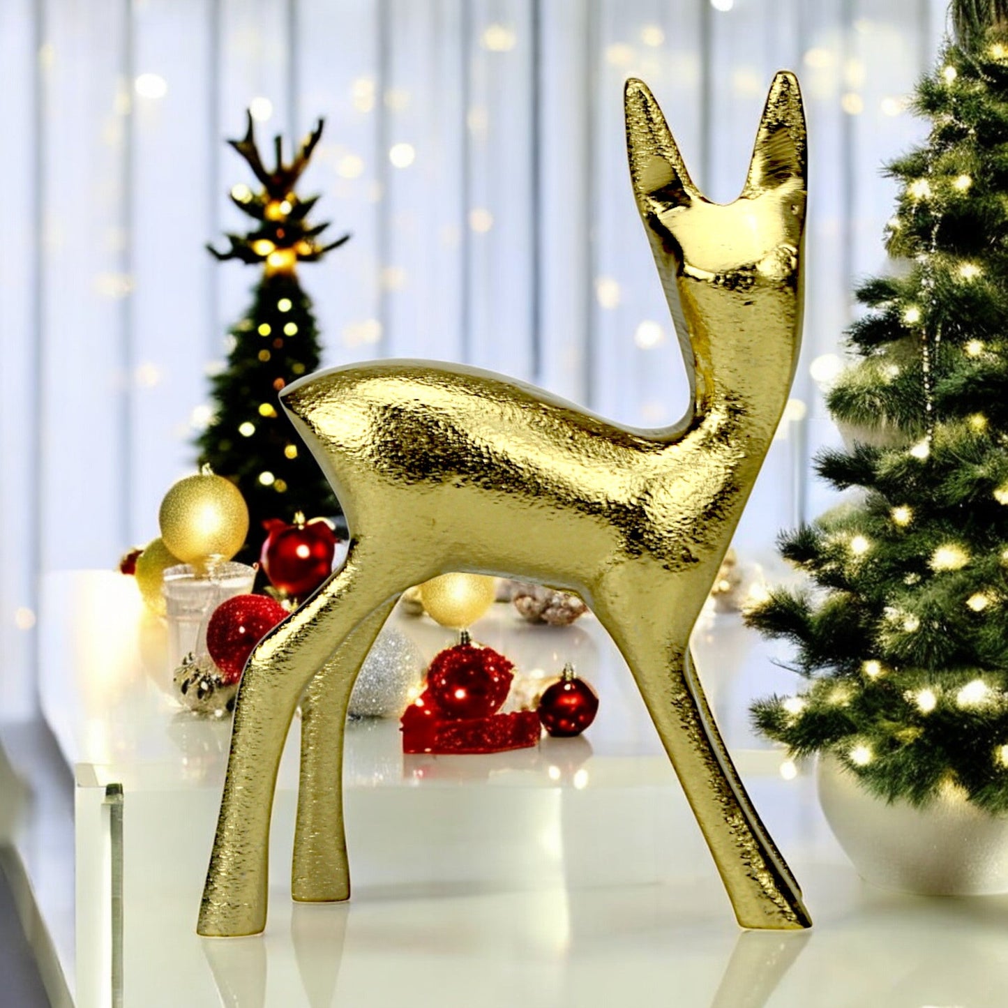 Golden Aluminum Handcrafted Christmas Minimalistic Standing Deer – Elegant Holiday Decor | Hind Decor