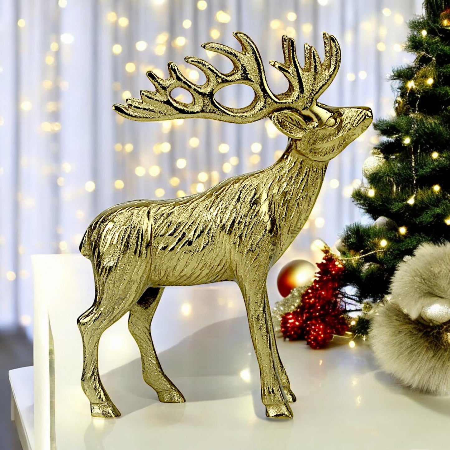 Golden Handcrafted Aluminum Christmas Reindeer – Elegant Holiday Decor | Hind Decor