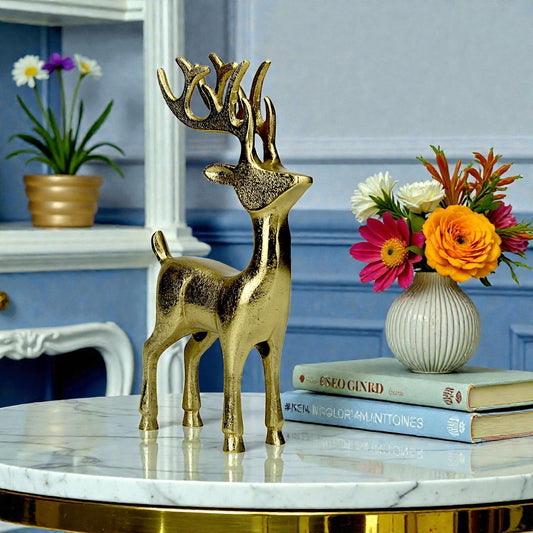 Golden Aluminum Handcrafted Christmas Minimalistic Standing Deer – Elegant Holiday Decor | Hind Decor