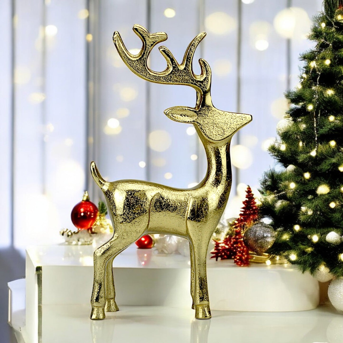 Golden Aluminum Handcrafted Christmas Minimalistic Standing Deer – Elegant Holiday Decor | Hind Decor