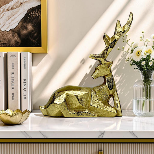Golden Handcrafted Diamond Cut Design Aluminum Sitting Deer – Elegant Christmas & Holiday Decor | Hind Decor