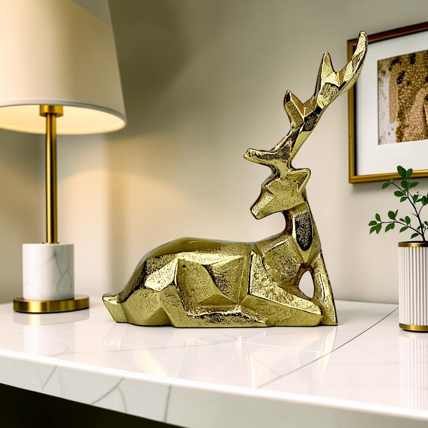 Golden Handcrafted Diamond Cut Design Aluminum Sitting Deer – Elegant Christmas & Holiday Decor | Hind Decor