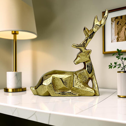 Golden Handcrafted Diamond Cut Design Aluminum Sitting Deer – Elegant Christmas & Holiday Decor | Hind Decor