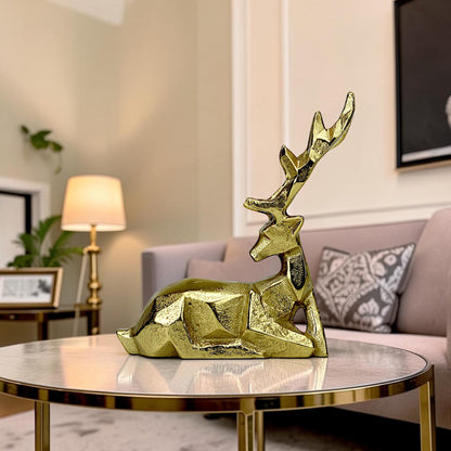 Golden Handcrafted Diamond Cut Design Aluminum Sitting Deer – Elegant Christmas & Holiday Decor | Hind Decor