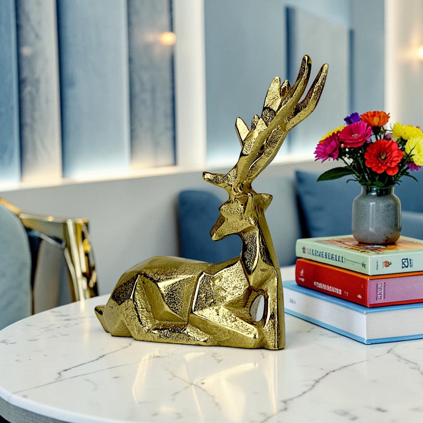 Golden Handcrafted Diamond Cut Design Aluminum Sitting Deer – Elegant Christmas & Holiday Decor | Hind Decor