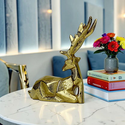 Golden Handcrafted Diamond Cut Design Aluminum Sitting Deer – Elegant Christmas & Holiday Decor | Hind Decor