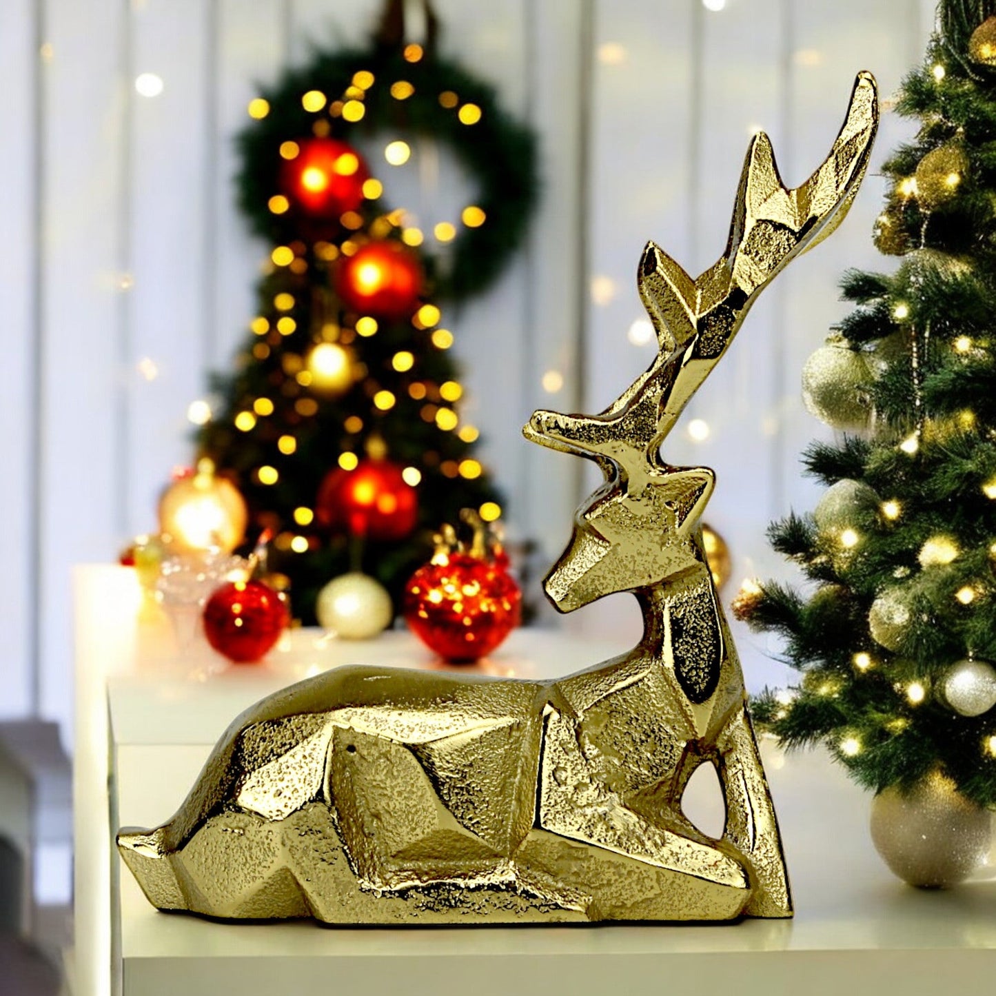 Golden Handcrafted Diamond Cut Design Aluminum Sitting Deer – Elegant Christmas & Holiday Decor | Hind Decor
