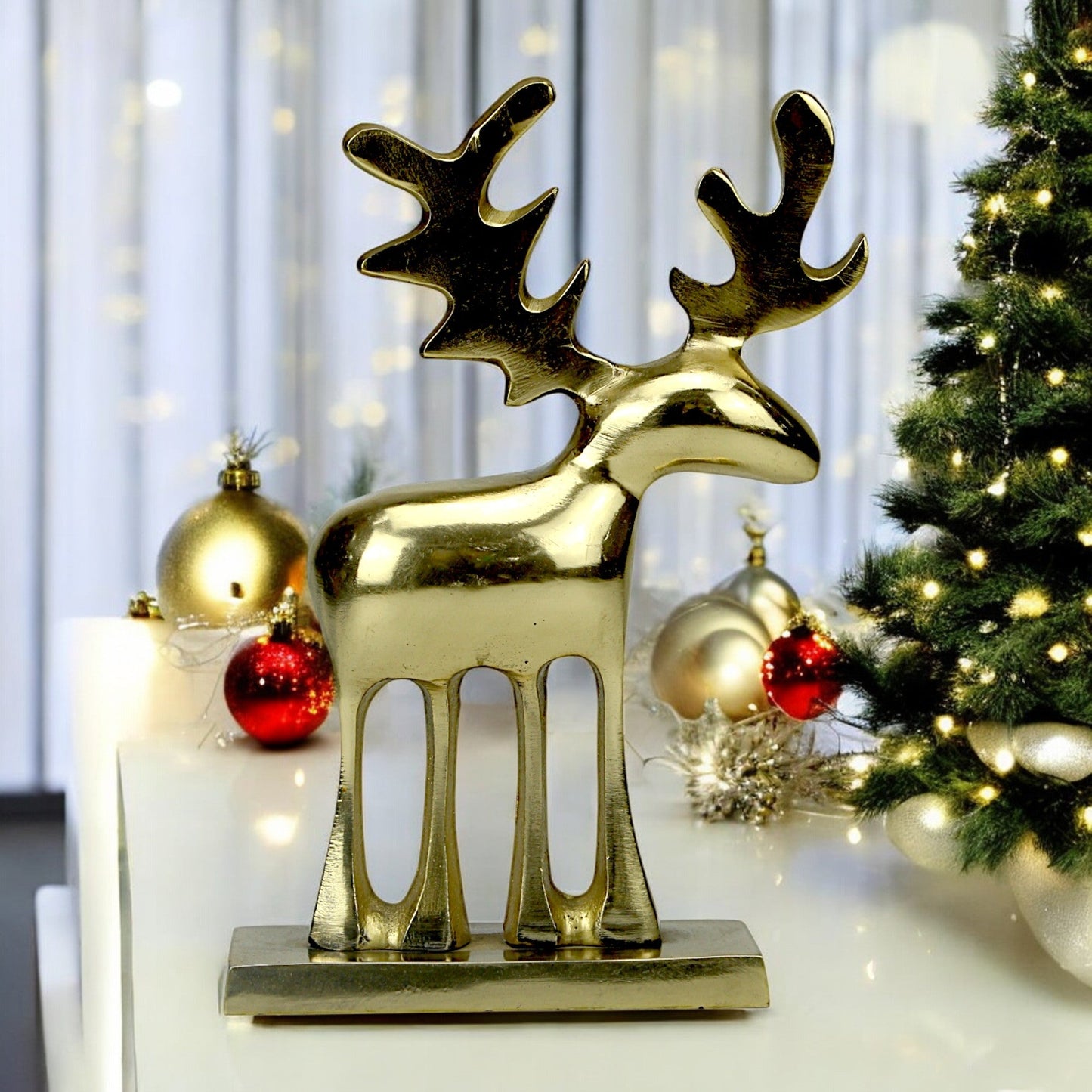 Golden Handcrafted Aluminum Christmas Minimalistic Raindeer on Base – Elegant Holiday Decor | Hind Decor