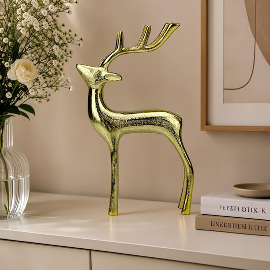 Golden Aluminum Handcrafted Christmas Minimalistic Standing Deer – Elegant Holiday Decor | Hind Decor