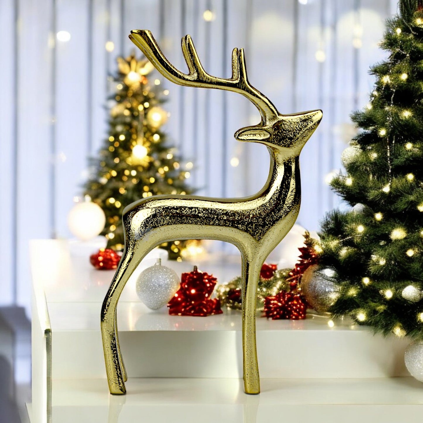 Golden Aluminum Handcrafted Christmas Minimalistic Standing Deer – Elegant Holiday Decor | Hind Decor