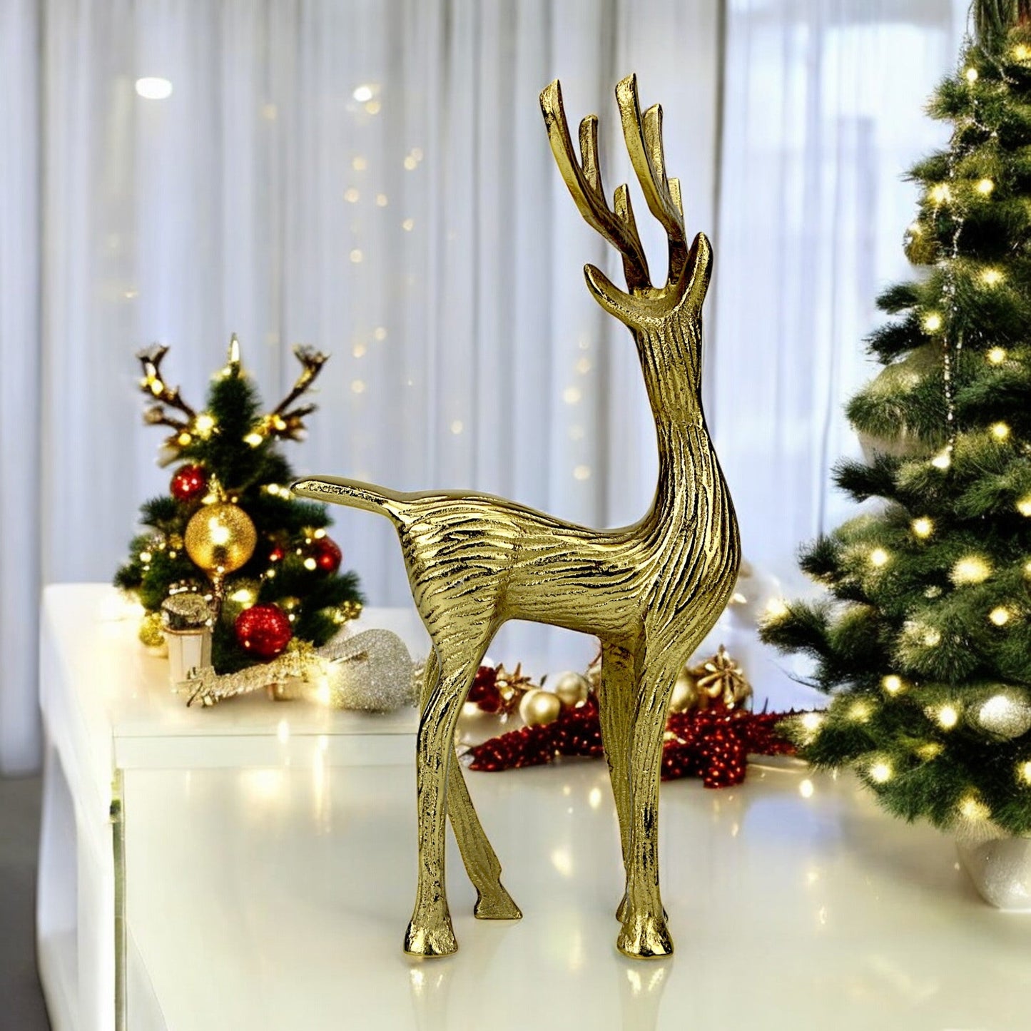 Golden Aluminum Handcrafted Christmas Minimalistic Standing Deer – Elegant Holiday Decor | Hind Decor