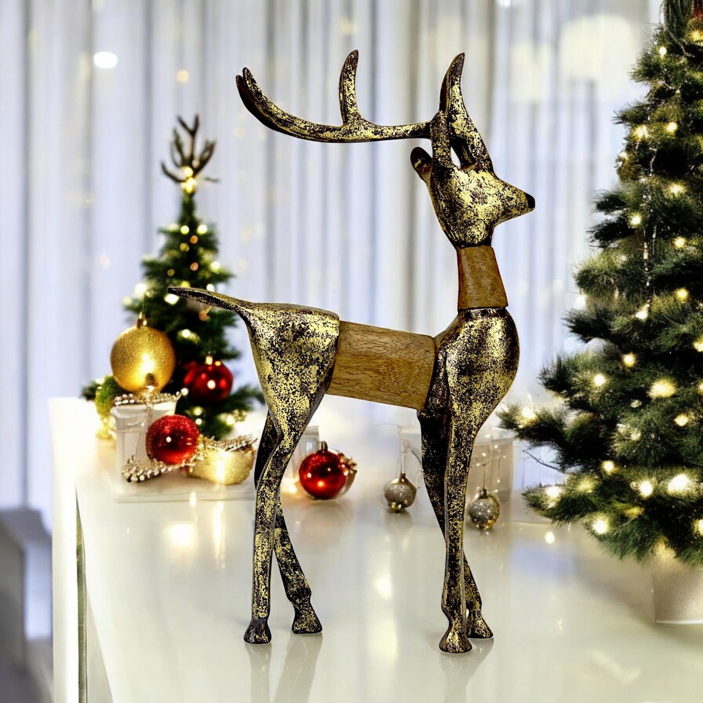 Golden Handcrafted Aluminum Christmas Reindeer with Wooden Finish on Back – Elegant Holiday Decor | Hind Decor