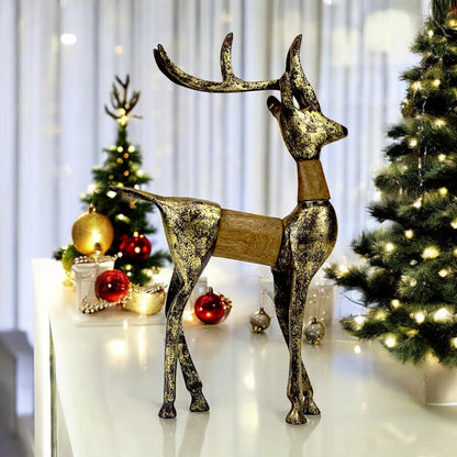 Golden Handcrafted Aluminum Christmas Reindeer with Wooden Finish on Back – Elegant Holiday Decor | Hind Decor