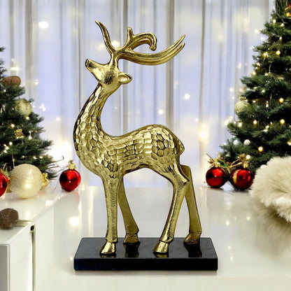 Golden Aluminum Christmas Decorative Standing Deer on Black Base – Elegant Holiday Decor | Hind Decor