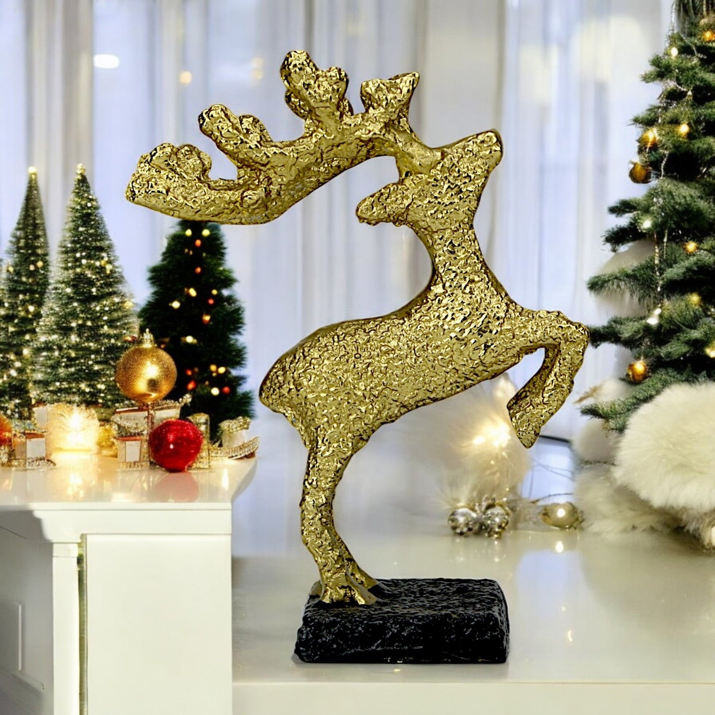 Golden Aluminum Christmas Matte Finish Decorative Standing Deer on Black Base – Elegant Holiday Decor | Hind Decor