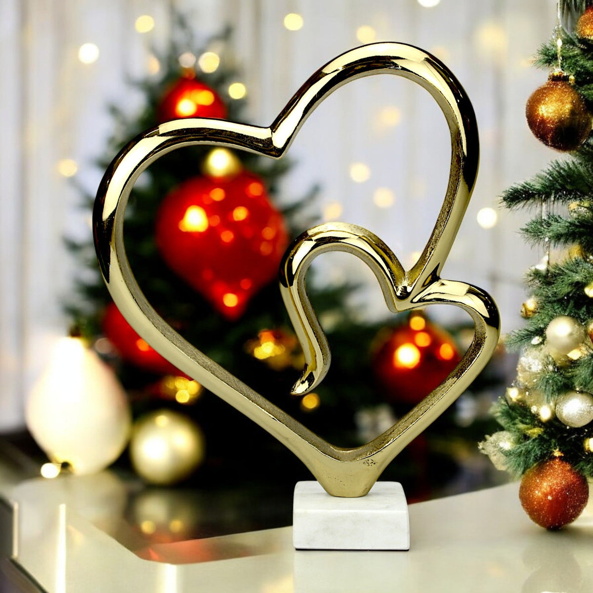 Golden Aluminum Handcrafted Double Heart Shape on Marble Base – Elegant Decor & Gift | Hind Decor