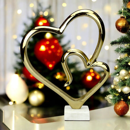 Golden Aluminum Handcrafted Double Heart Shape on Marble Base – Elegant Decor & Gift | Hind Decor