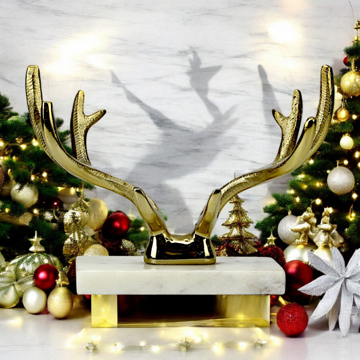 Golden Aluminum Reindeer Horn on Marble Base – Elegant Christmas Decor | Hind Decor
