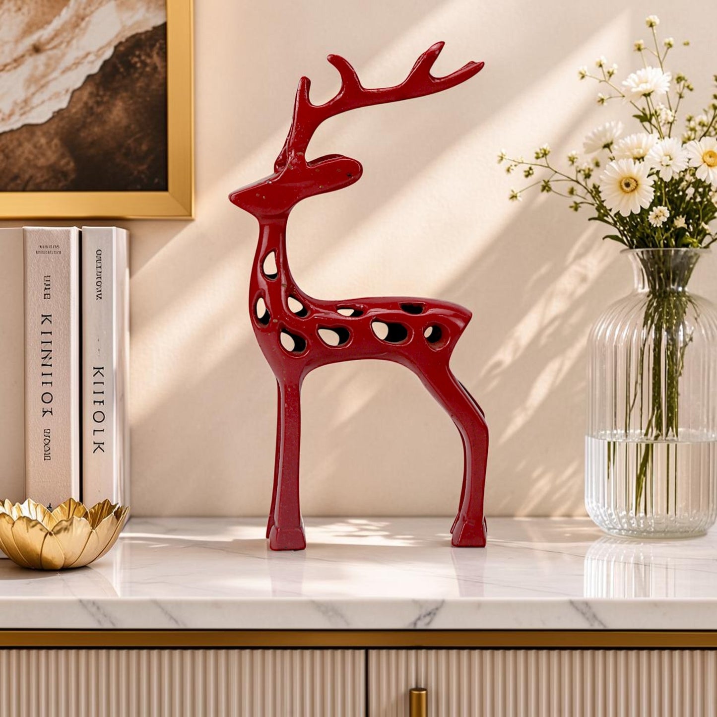 Red Aluminum Handcrafted Reindeer – Elegant Christmas Decor | Hind Decor