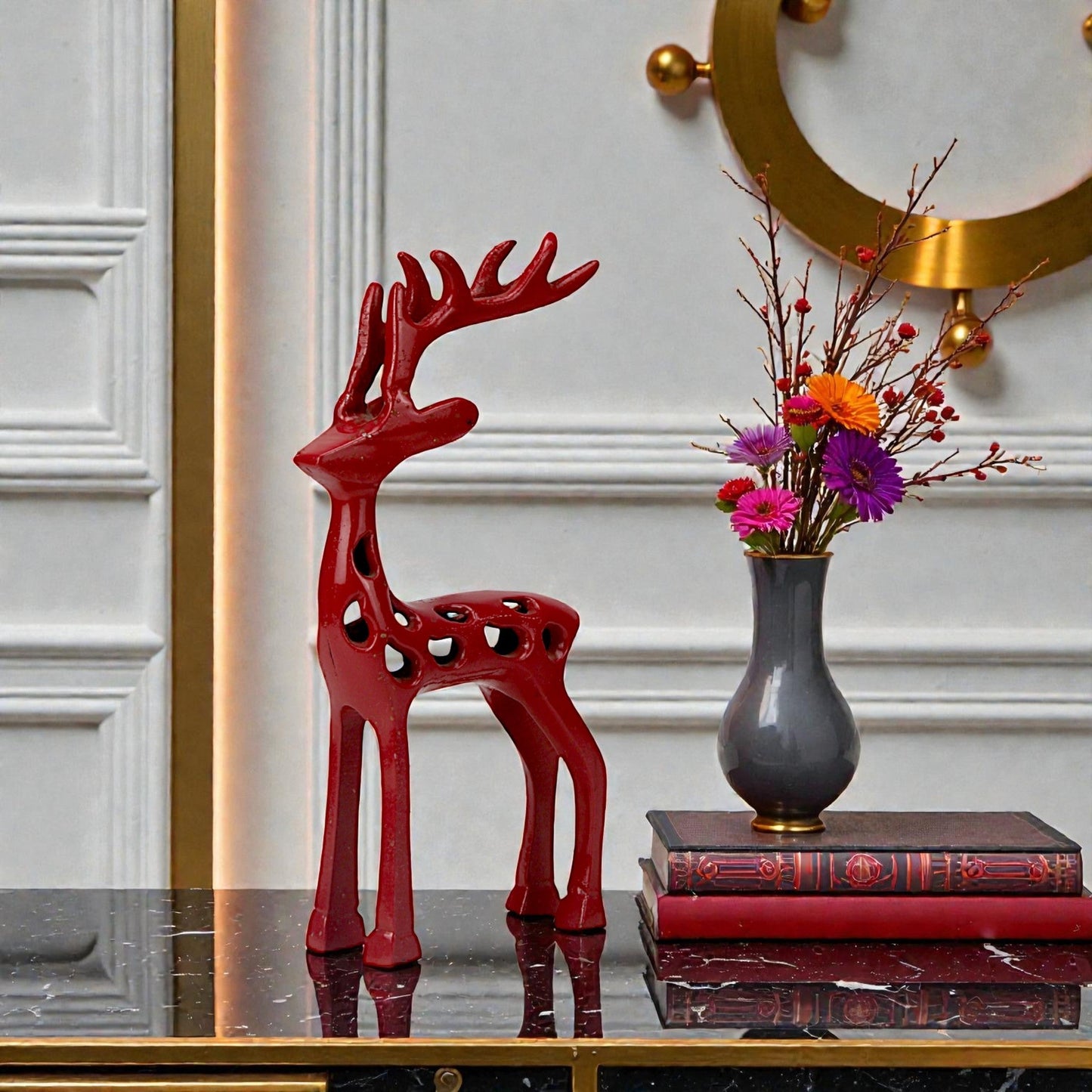 Red Aluminum Handcrafted Reindeer – Elegant Christmas Decor | Hind Decor