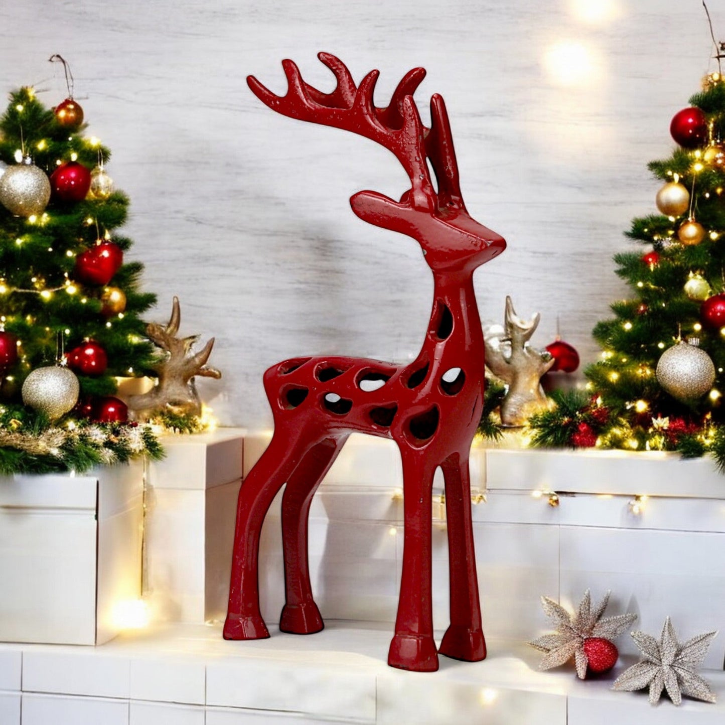 Red Aluminum Handcrafted Reindeer – Elegant Christmas Decor | Hind Decor