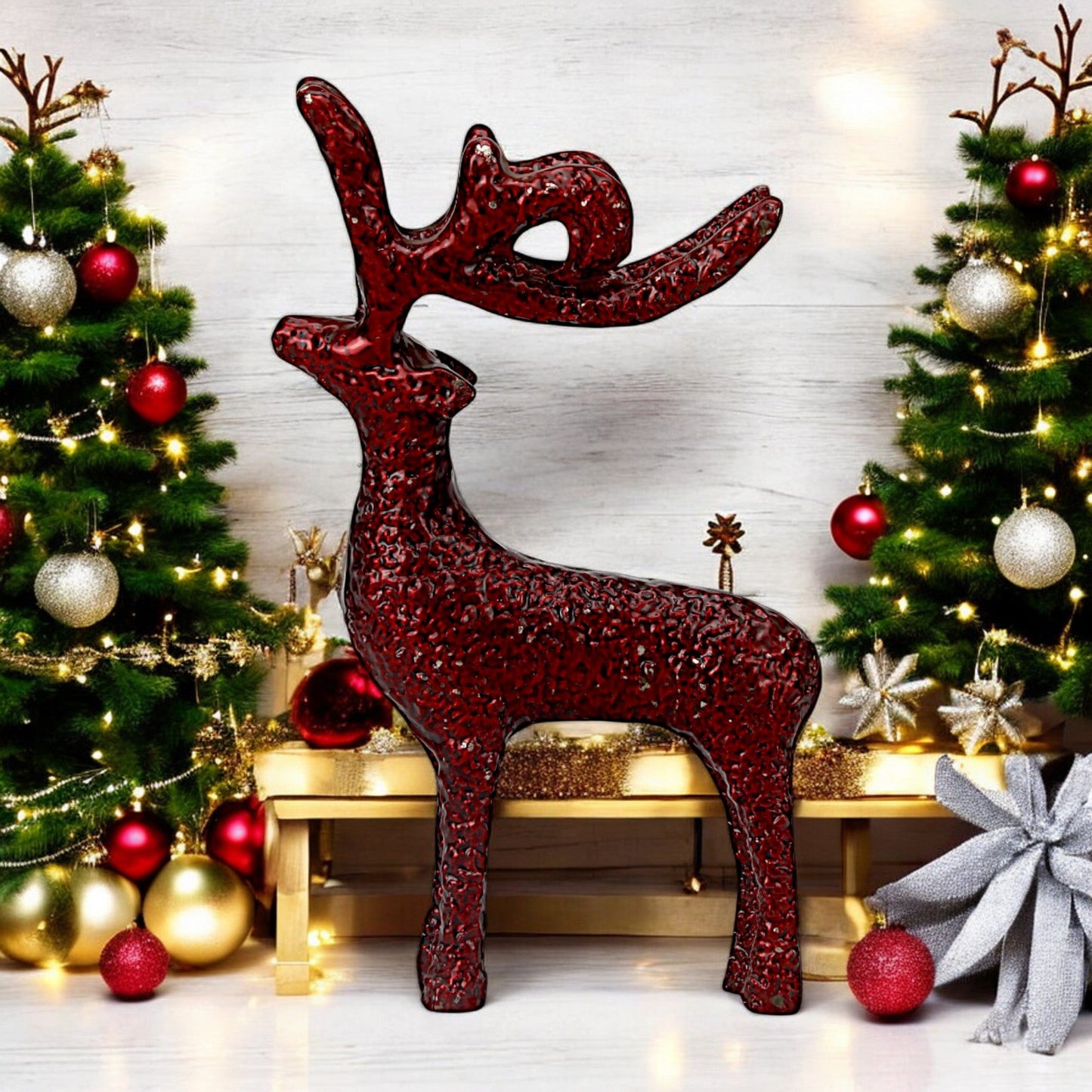 Dark Red Aluminum Handcrafted Reindeer – Elegant Christmas Decor | Hind Decor