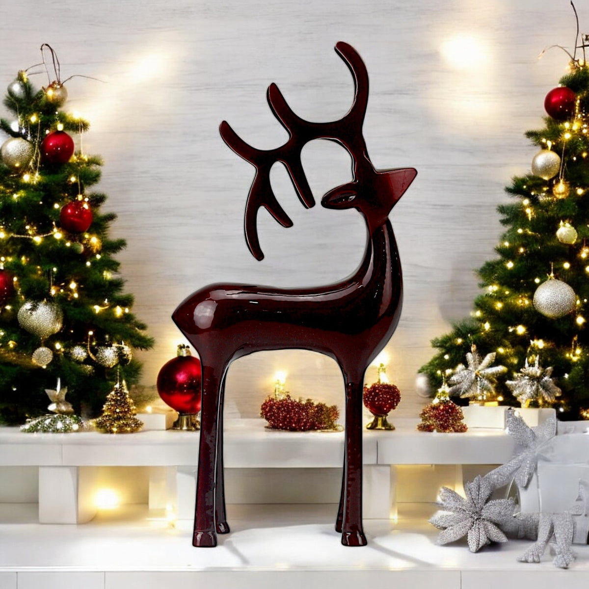 Dark Red Aluminum Handcrafted Minimalistic Reindeer on Base – Elegant Christmas Decor | Hind Decor
