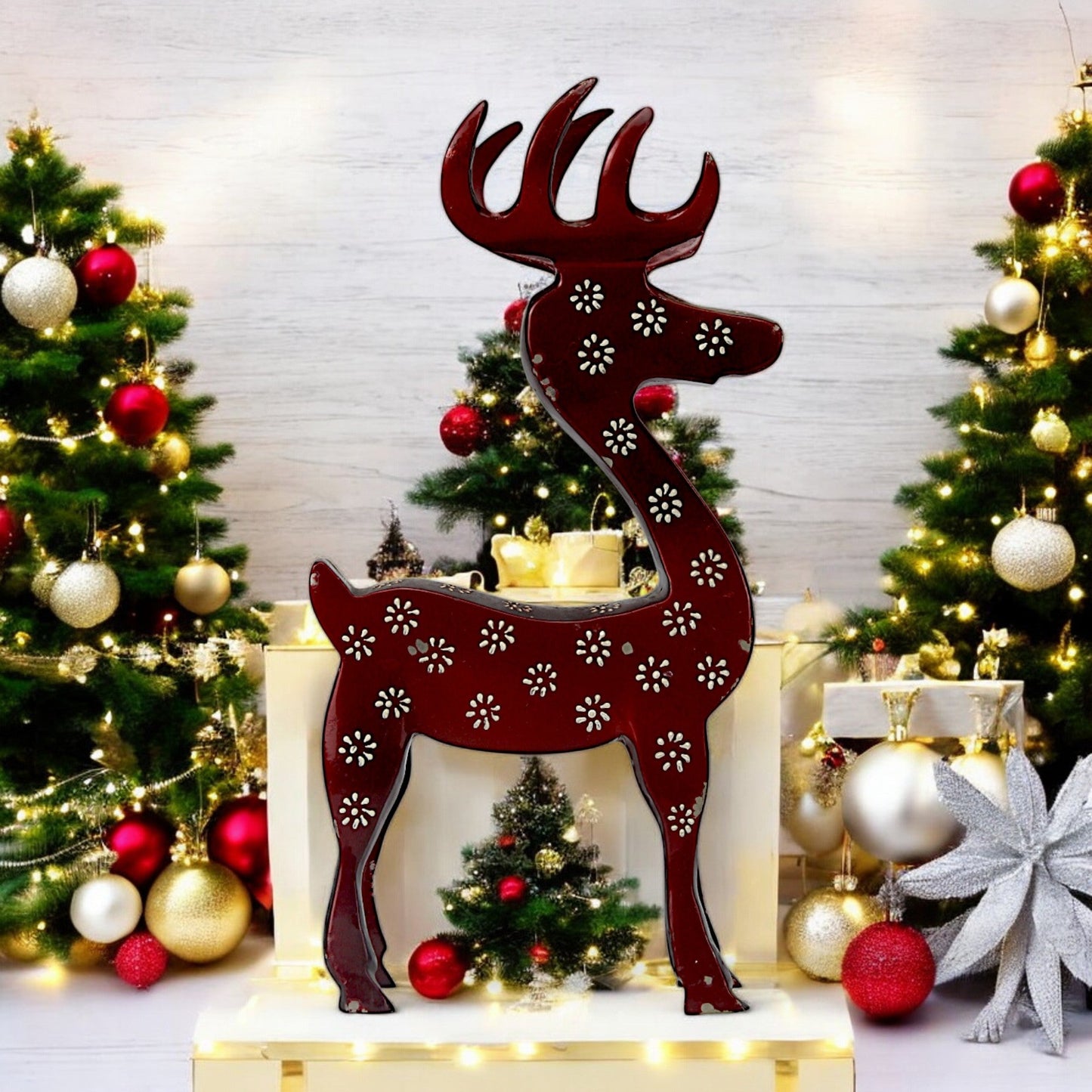 Red Wooden Minimalistic Reindeer – Elegant Christmas Decor | Hind Decor