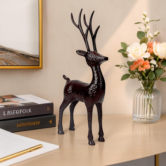 Dark Red Aluminum Handcrafted Minimalistic Reindeer on Base – Elegant Christmas Decor | Hind Decor