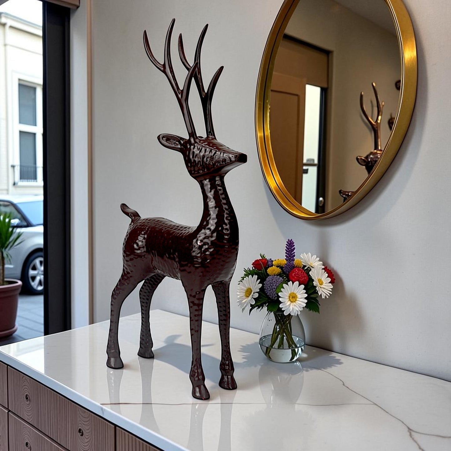 Dark Red Aluminum Handcrafted Minimalistic Reindeer on Base – Elegant Christmas Decor | Hind Decor