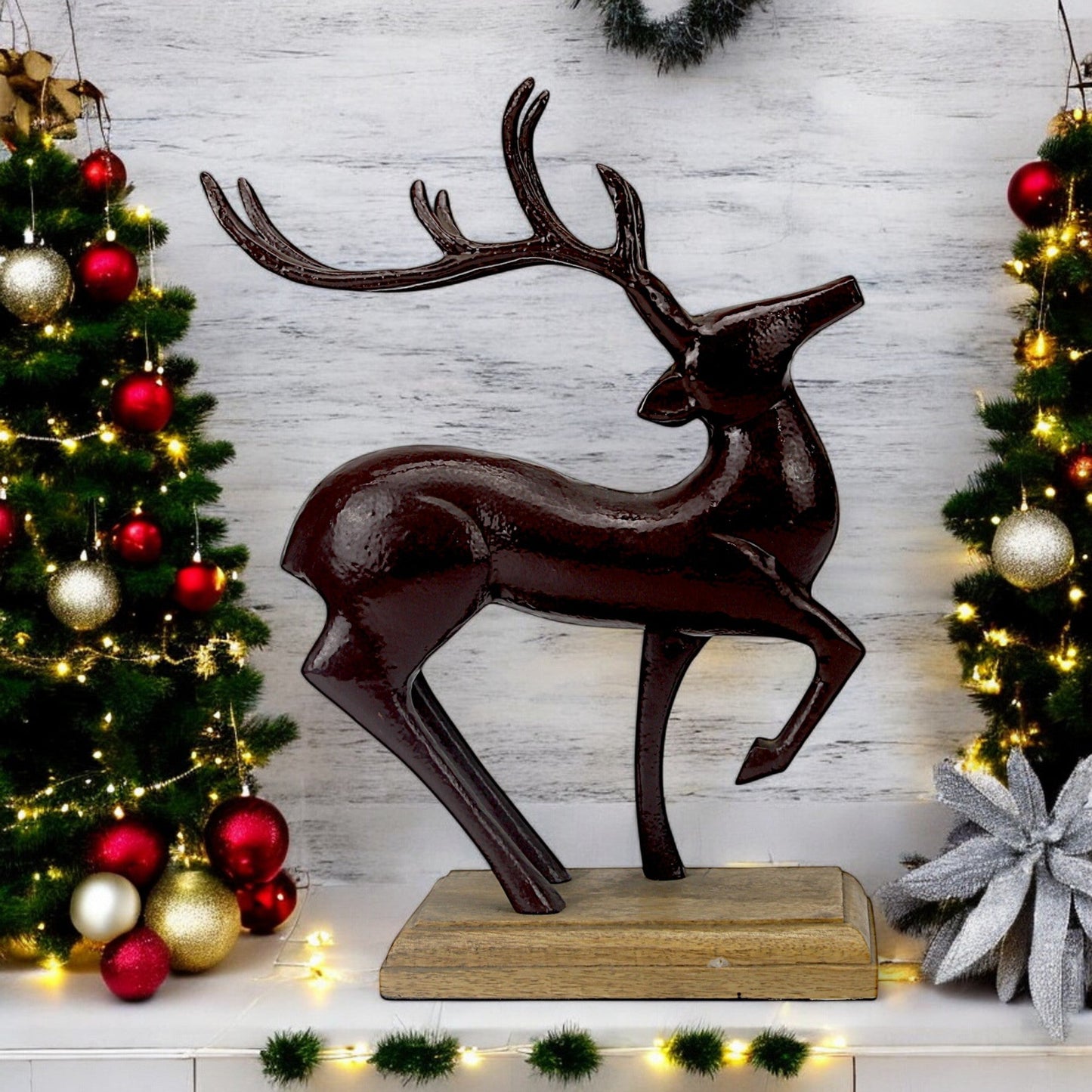 Dark Red Aluminum Long Horn Minimalistic Running Reindeer on Wooden Base – Elegant Christmas Decor | Hind Decor
