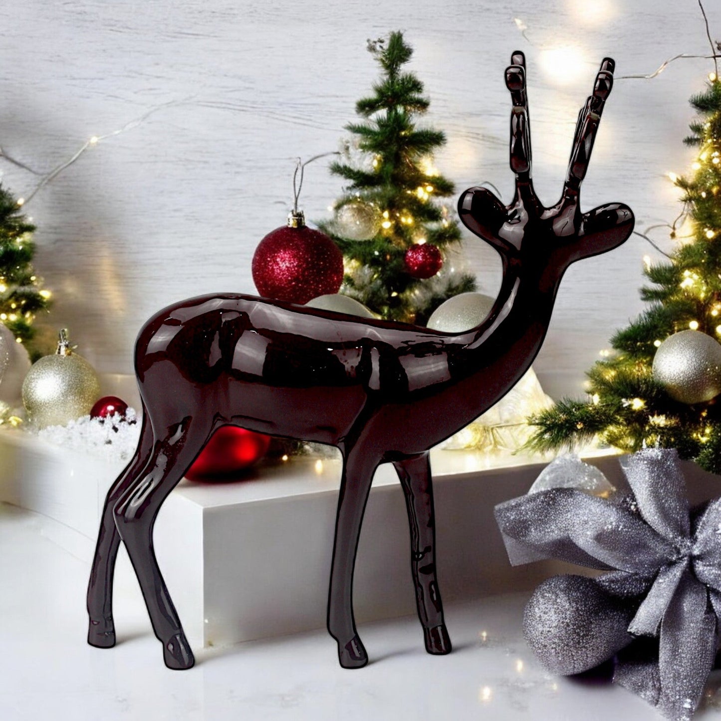 Dark Red Aluminum Handcrafted Minimalistic Reindeer on Base – Elegant Christmas Decor | Hind Decor