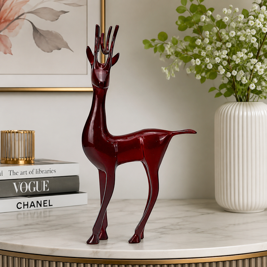 Dark Red Aluminum Handcrafted Minimalistic Reindeer on Base – Elegant Christmas Decor | Hind Decor