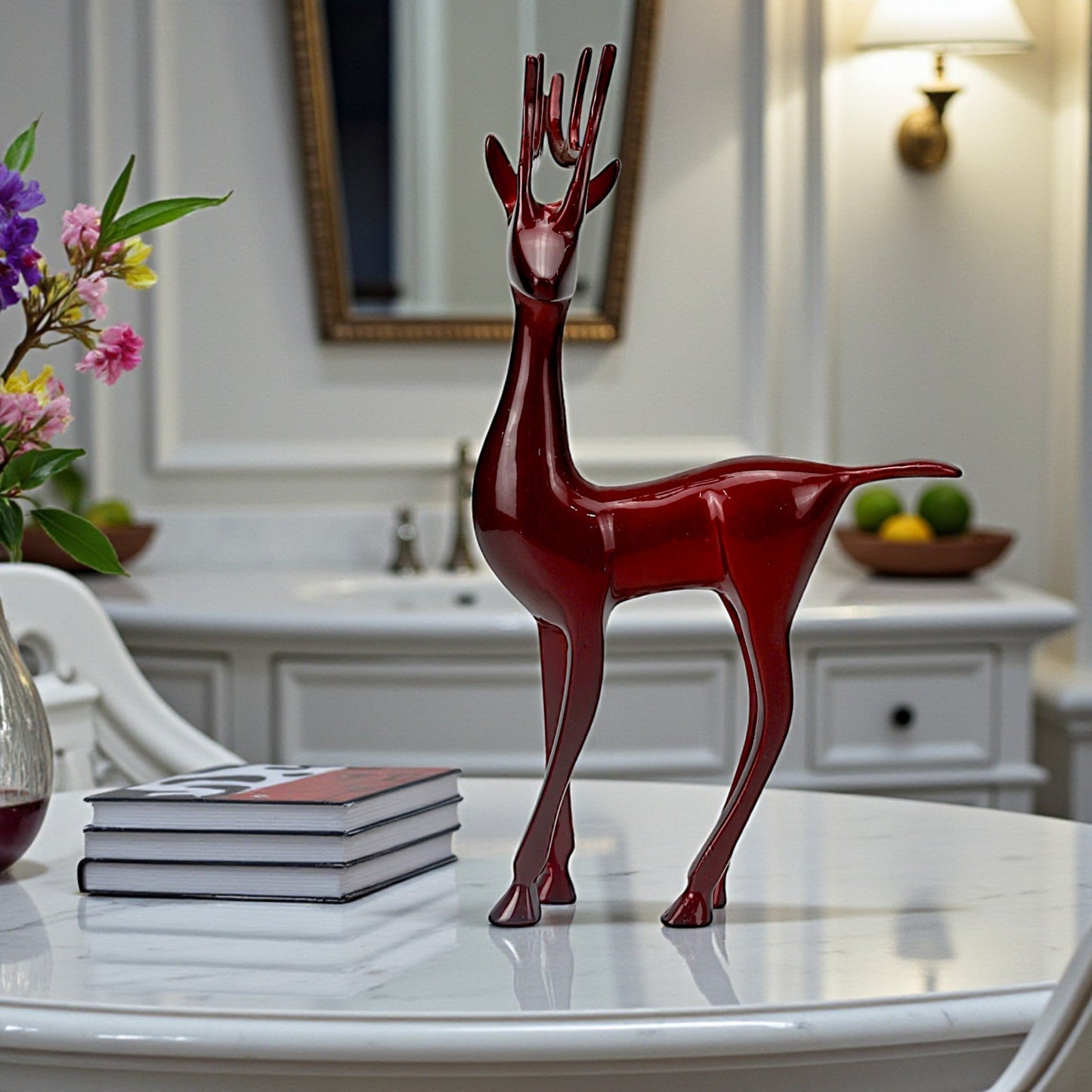 Dark Red Aluminum Handcrafted Minimalistic Reindeer on Base – Elegant Christmas Decor | Hind Decor