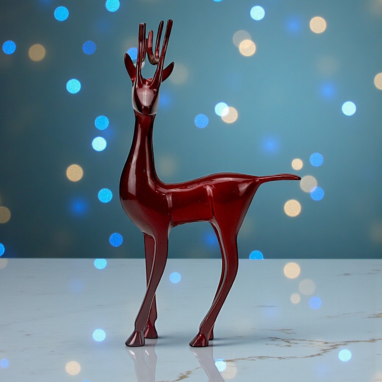 Dark Red Aluminum Handcrafted Minimalistic Reindeer on Base – Elegant Christmas Decor | Hind Decor