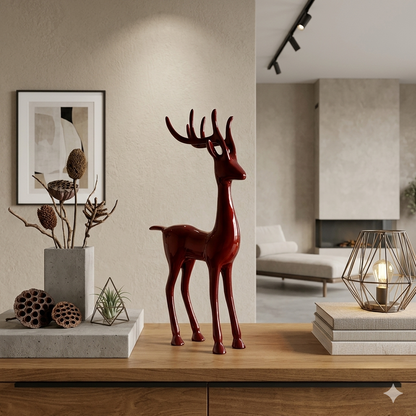Dark Red Aluminum Handcrafted Minimalistic Reindeer on Base – Elegant Christmas Decor | Hind Decor
