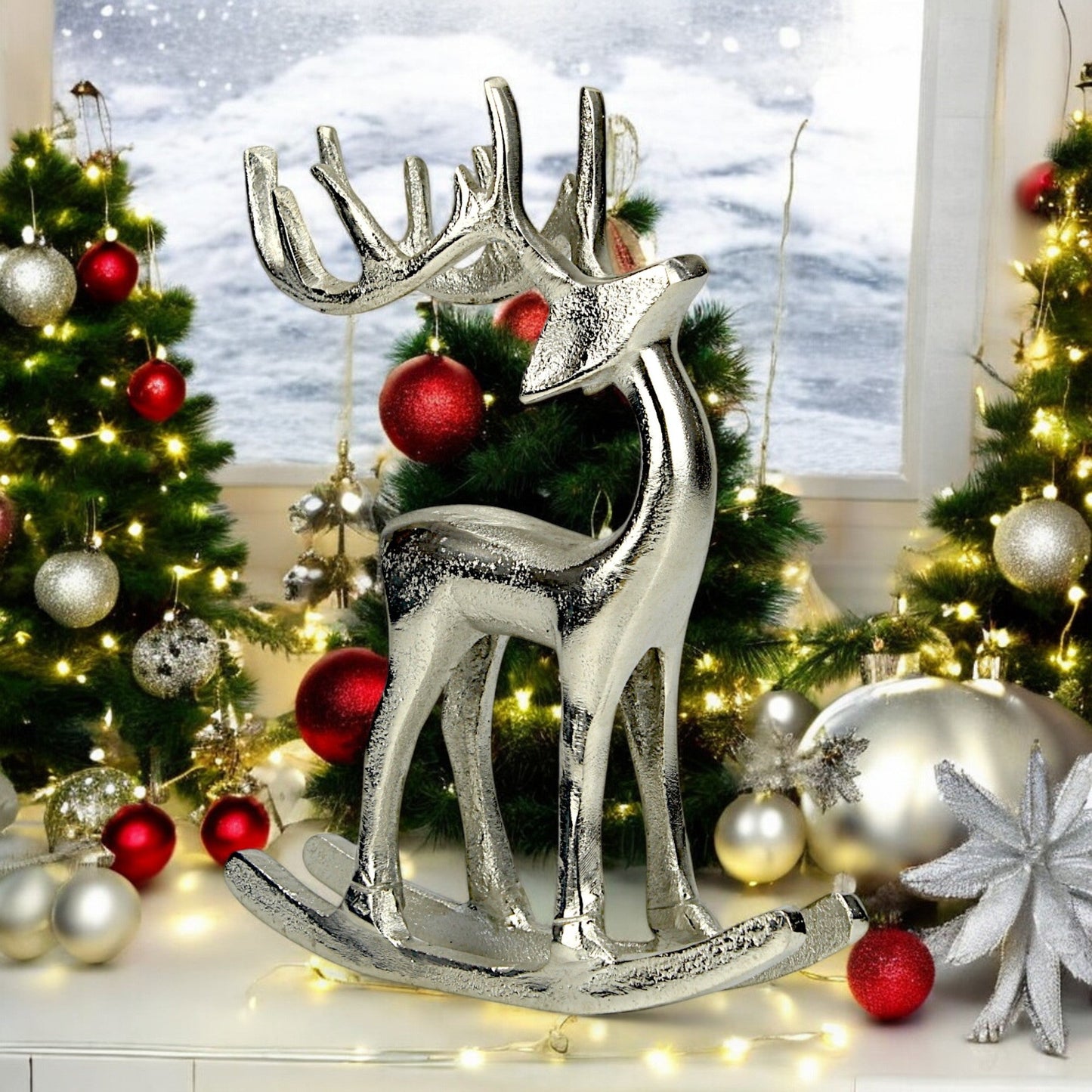 Silver Aluminum Reindeer on Rocking Base – Elegant Christmas Decor | Hind Decor