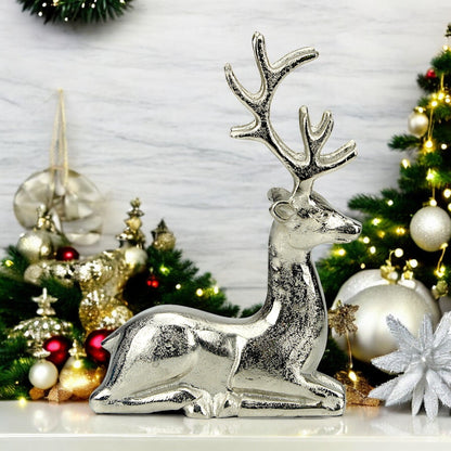 Silver Aluminum Sitting Reindeer – Elegant Christmas & Holiday Decor | Hind Decor