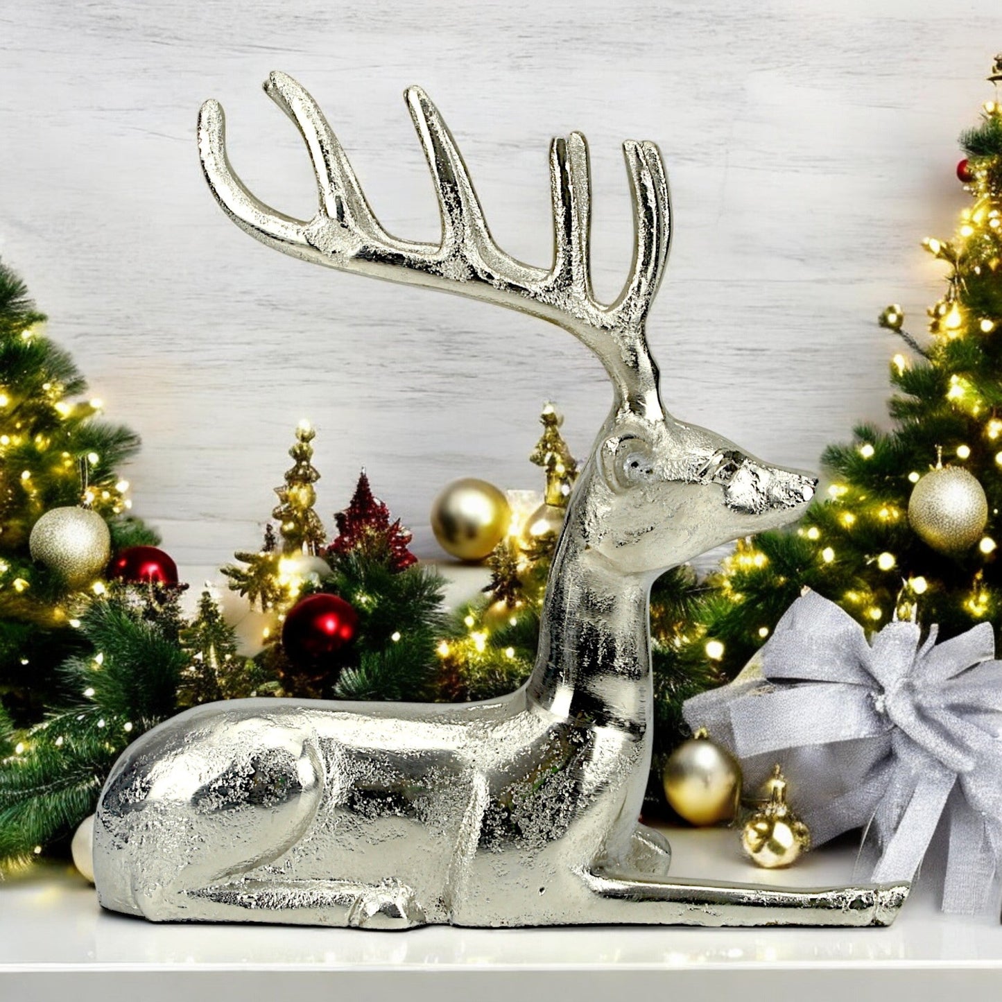 Silver Aluminum Sitting Reindeer – Elegant Christmas & Holiday Decor | Hind Decor