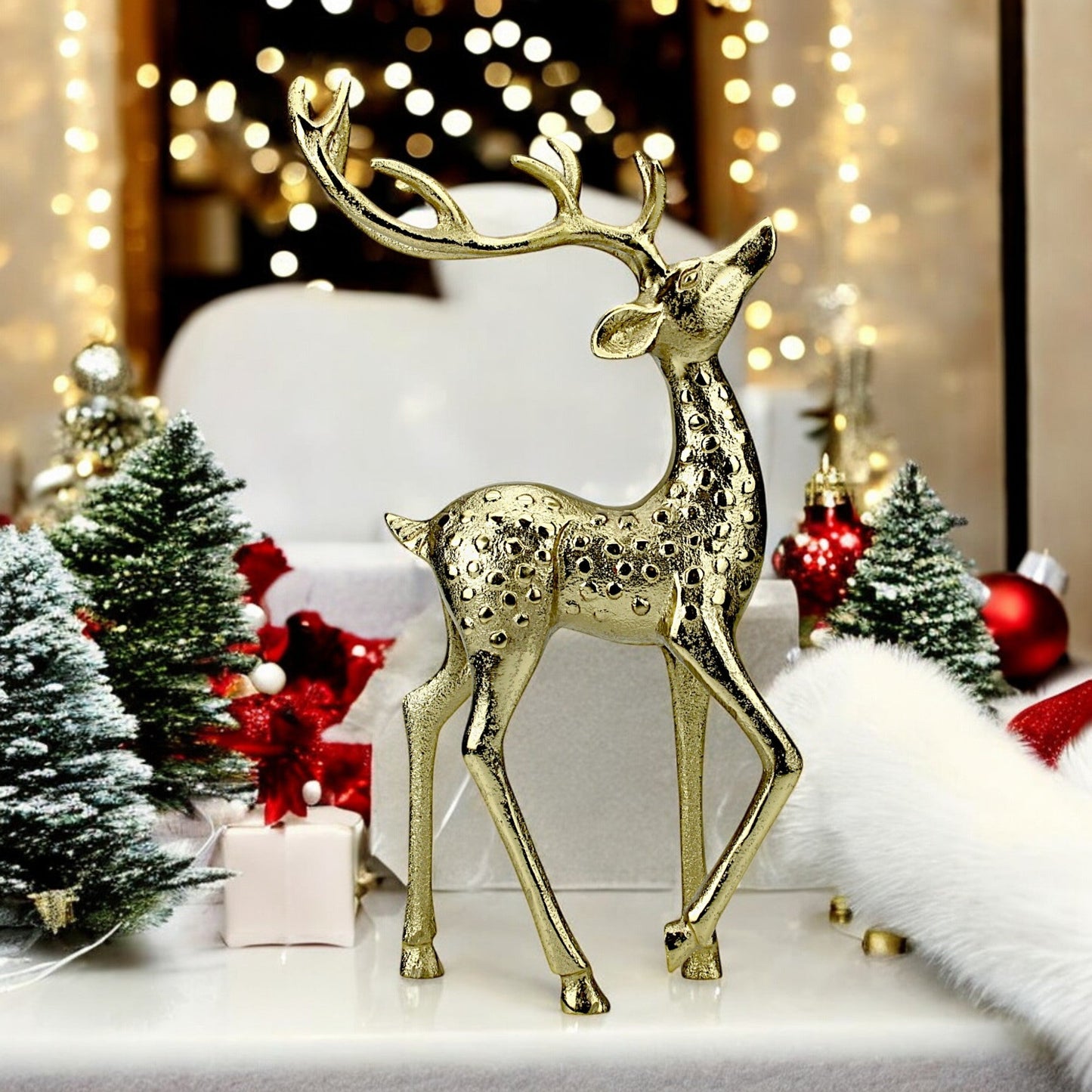 Golden Aluminum Handcrafted Christmas Deer – Elegant Holiday Decor Figurine | Hind Decor
