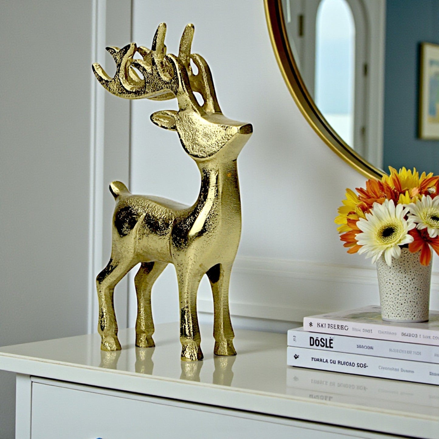 Golden Aluminum Handcrafted Christmas Minimalistic Standing Deer (Set of 2)