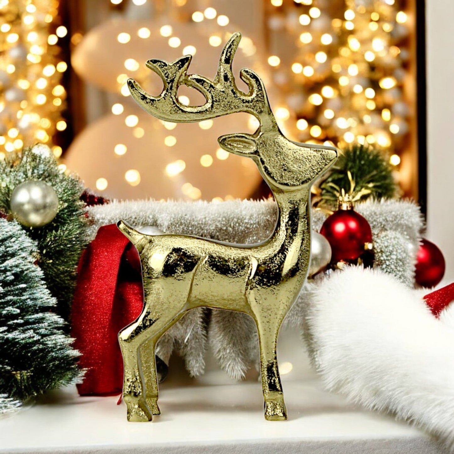 Golden Aluminum Handcrafted Christmas Minimalistic Standing Deer (Set of 2)