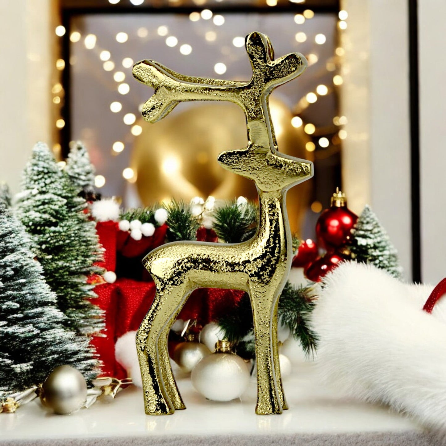 Golden Aluminum Handcrafted Standing Reindeer – Elegant Christmas & Holiday Decor | Hind Decor